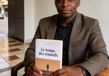 Create an editorial news illustration for an article about 'Littérature : Sylvain Elenga signe son premier ouvrage « Le temps des remords »'. The specific country is CG (CG); make visual cues accurate to this exact country and avoid flags or symbols