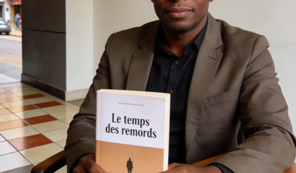 Create an editorial news illustration for an article about 'Littérature : Sylvain Elenga signe son premier ouvrage « Le temps des remords »'. The specific country is CG (CG); make visual cues accurate to this exact country and avoid flags or symbols