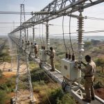 Create an editorial news illustration for an article about 'Mossaka : le président Sassou-N’Guesso met sous tension la ligne électrique de 100 km'. The specific country is CG (CG); make visual cues accurate to this exact country and avoid flags or sy