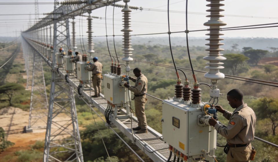 Create an editorial news illustration for an article about 'Mossaka : le président Sassou-N’Guesso met sous tension la ligne électrique de 100 km'. The specific country is CG (CG); make visual cues accurate to this exact country and avoid flags or sy