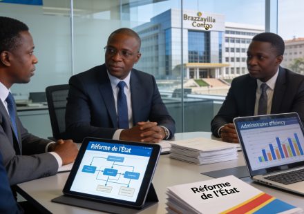 Create an editorial news illustration for an article about 'Réforme de l’État : le ministère s’engage pour une administration plus efficace'. The specific country is Republiqe du Congo (CG); make visual cues accurate to this exact country and avoid f