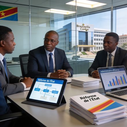 Create an editorial news illustration for an article about 'Réforme de l’État : le ministère s’engage pour une administration plus efficace'. The specific country is Republiqe du Congo (CG); make visual cues accurate to this exact country and avoid f