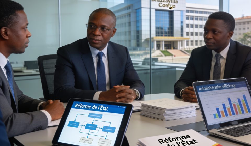 Create an editorial news illustration for an article about 'Réforme de l’État : le ministère s’engage pour une administration plus efficace'. The specific country is Republiqe du Congo (CG); make visual cues accurate to this exact country and avoid f