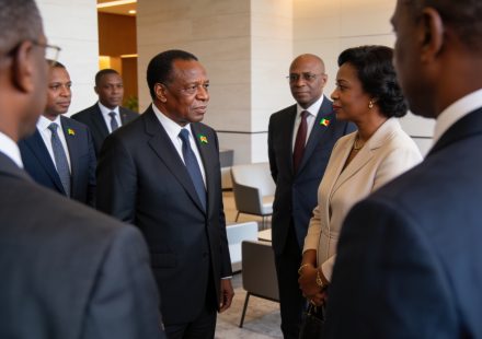 Create an editorial news illustration for an article about 'Sassou Nguesso à Libreville pour le mariage de Junior Bongo : une union sous le signe de la diplomatie'. The specific country is Republiqe du Congo (CG); make visual cues accurate to this ex