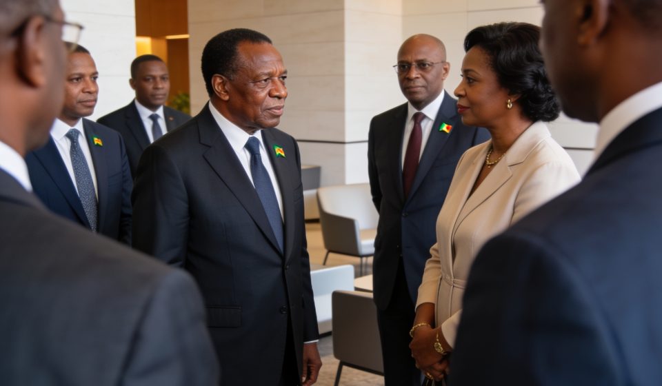 Create an editorial news illustration for an article about 'Sassou Nguesso à Libreville pour le mariage de Junior Bongo : une union sous le signe de la diplomatie'. The specific country is Republiqe du Congo (CG); make visual cues accurate to this ex